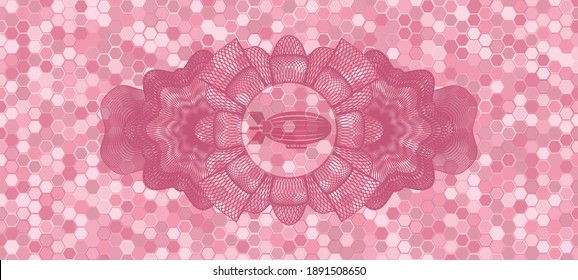 Decoración de moneda icono de zeppelin dentro del mosaico de mosaico de mosaico color rosa estilo realista. Fondo de lujo de hexágono geométrico. Ilustración vectorial. 