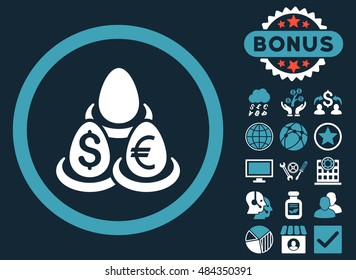 Currency Deposit Diversification icon with bonus pictures. Vector illustration style is flat iconic bicolor symbols, blue and white colors, dark blue background.