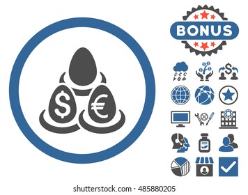 Currency Deposit Diversification icon with bonus pictures. Vector illustration style is flat iconic bicolor symbols, cobalt and gray colors, white background.