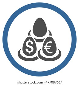 Currency Deposit Diversification vector bicolor rounded icon. Image style is a flat icon symbol inside a circle, cobalt and gray colors, white background.