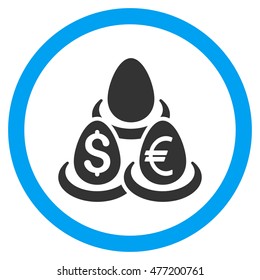 Currency Deposit Diversification vector bicolor rounded icon. Image style is a flat icon symbol inside a circle, blue and gray colors, white background.