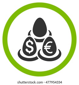 Currency Deposit Diversification vector bicolor rounded icon. Image style is a flat icon symbol inside a circle, eco green and gray colors, white background.