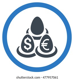 Currency Deposit Diversification vector bicolor rounded icon. Image style is a flat icon symbol inside a circle, smooth blue colors, white background.