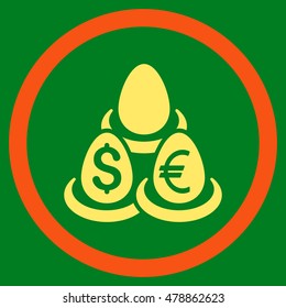 Currency Deposit Diversification vector bicolor rounded icon. Image style is a flat icon symbol inside a circle, orange and yellow colors, green background.