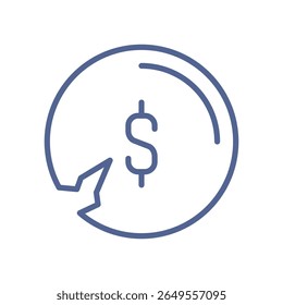 Currency depreciation icon, minimal financial loss symbol showing falling coin value, monetary decline, unstable economy and inflation flat vector illustration.