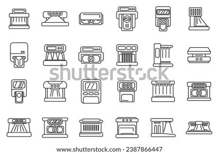 Currency detector icons set outline vector. Bank cash. Bill business checking