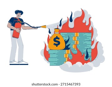 Devisenabwertung doodle Illustration Konzept. Hyperinflation. Finanzieller Verlust. Latino Mann Löschen brennenden Dollar Geld Cartoon 2D-Charakter einzeln auf weiß. Handgezeichnete Vektormetapher