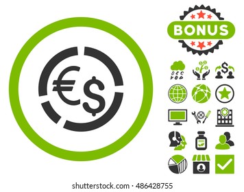 Currency Diagram icon with bonus pictogram. Vector illustration style is flat iconic bicolor symbols, eco green and gray colors, white background.