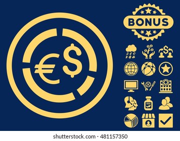Currency Diagram icon with bonus. Vector illustration style is flat iconic symbols, yellow color, blue background.