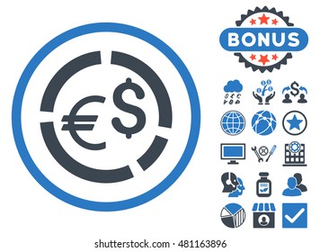 Currency Diagram icon with bonus. Vector illustration style is flat iconic bicolor symbols, smooth blue colors, white background.