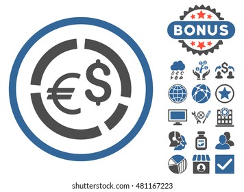 Currency Diagram icon with bonus. Vector illustration style is flat iconic bicolor symbols, cobalt and gray colors, white background.