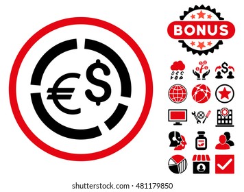 Currency Diagram icon with bonus. Vector illustration style is flat iconic bicolor symbols, intensive red and black colors, white background.