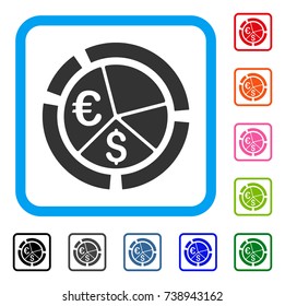 Currency Diagram icon. Flat grey iconic symbol inside a light blue rounded squared frame. Black, gray, green, blue, red, orange color additional versions of Currency Diagram vector.
