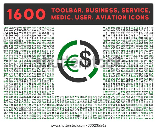 Currency Diagram vector icon and 1600 other\
business, service tools, medical care, software toolbar, web\
interface pictograms. Style is bicolor flat symbols, green and gray\
colors, rounded\
angles