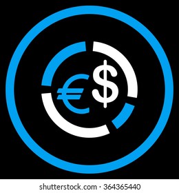 Icono vectorial Diagrama de moneda. El estilo es un símbolo circular plano bicolor, colores azul y blanco, ángulos redondeados, fondo negro.