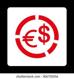 Currency Diagram vector icon. This flat rounded square button uses red and white colors and isolated on a black background.