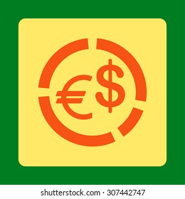 Currency Diagram vector icon. This flat rounded square button uses orange and yellow colors and isolated on a green background.