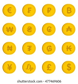 Currency from different countries icons set in flat style. Money coin set collection vector illustration