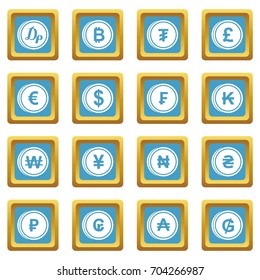 Currency from different countries icons set in azur color isolated vector illustration for web and any design