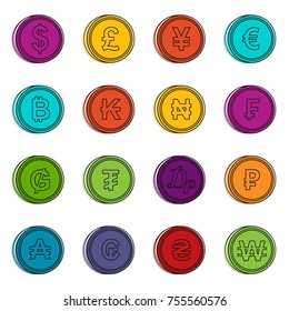 Currency from different countries icons set. Doodle illustration of vector icons isolated on white background for any web design