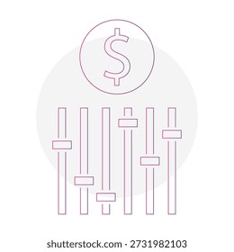 Currency dollar icons. Audio control sliders. Financial Vector settings. Money adjustment symbols. Equalizer level graphics. EPS 10.