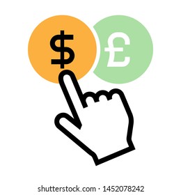 Currency Dollar Pound icons with hand click. Stroke outline style. Vector. Isolate on white background.