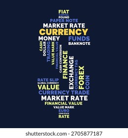 Nube de etiquetas de símbolo de mercado de moneda, finanzas monetarias y nube de etiquetas de símbolo de mercado de moneda