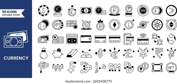 Currency duotone icons set. Vector illustrations.
