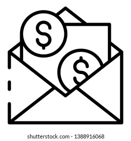 Currency in the envelope icon. Outline currency in the envelope vector icon for web design isolated on white background