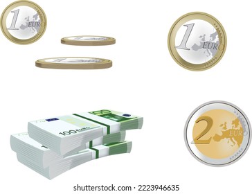 Currency of the European Union two euros one euro, and 100 notes-