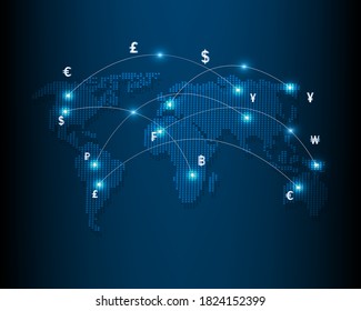 Currency exchang network and money transfers  between countries illustration