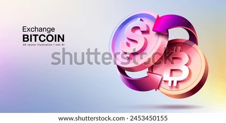 Currency exchange 3d vector. dollar, bitcoin. Money conversion three dimensional illustration. 3D Web Vector Illustration