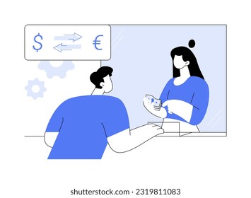 Currency exchange abstract concept vector illustration. Brick and mortar bank worker gives money to the client, cash deposit and withdrawal, currency exchange, remittance idea abstract metaphor.