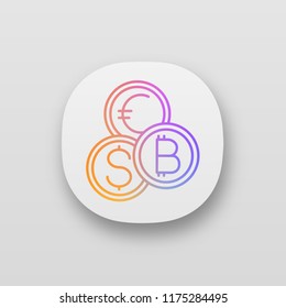 Currency exchange app icon. UI/UX user interface. Cryptocurrency. Bitcoin, US dollar and euro exchange. Blockchain. Web or mobile application. Vector isolated illustration