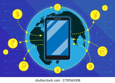 Currency exchange. Application for smartphone, phone, gadgets. Electronic payments, money transactions, transfers worldwide, to different countries. Smartphone and different gold coins around, arrows