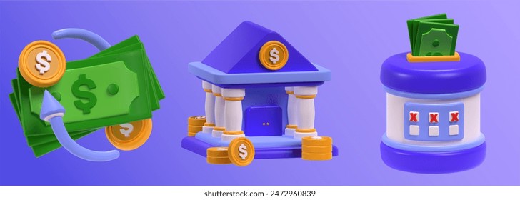 currency exchange, bank and saving in 3d icon illustration. 3d rendering of graphic design interface