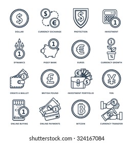 Currency exchange in the banking system online, offline, in many ways. Icons in a line style.