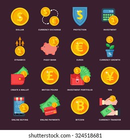 Currency exchange in the banking system online, offline, in many ways. Icons in a flat style.