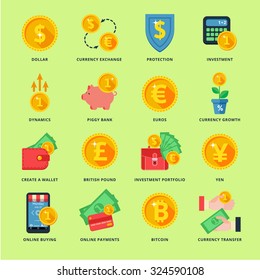 Currency exchange in the banking system online, offline, in many ways. Icons in a flat style.