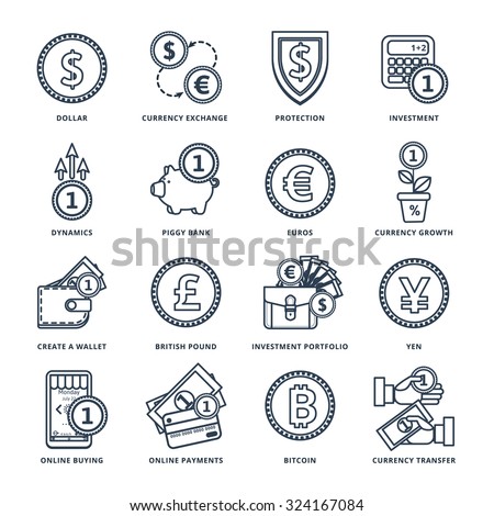 Currency exchange in the banking system online, offline, in many ways. Icons in a line style.