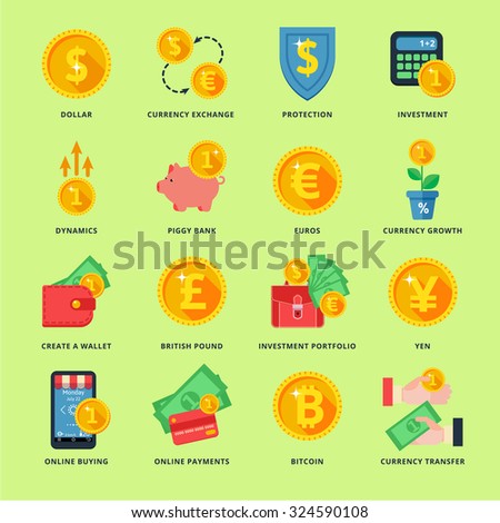 Currency exchange in the banking system online, offline, in many ways. Icons in a flat style.