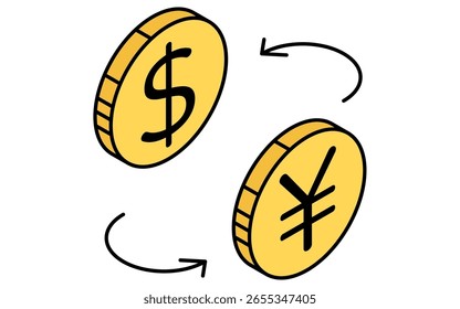 Intercambio de divisas entre el dólar y el yen icono de dibujo de línea simple, ilustración isométrica de comercio de divisas, Ilustración vectorial