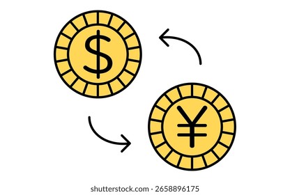 Câmbio de moeda entre dólar e iene ícone de desenho de linha simples, ilustração de negociação forex, Ilustração de vetor