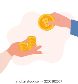 Currency exchange, 
bitcoin cryptocurrency are exchanged for dollars. Virtual money, financial transactions, btc. Vector flat illustration of hands with coins, isolated.