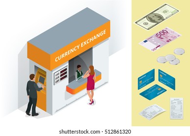 Currency exchange booth. Finance and money. Man with credit card into ATM and takes the money from the ATM. 
