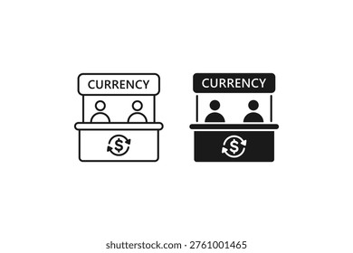Currency Exchange Booth Icon Set with Teller and Dollar Symbols