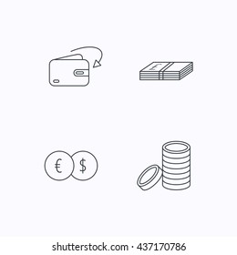 Currency exchange, cash money and coins icons. Receive money linear sign. Flat linear icons on white background. Vector