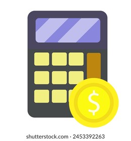 Currency exchange, coin icon, calculator, dollar, cryptocurrency, flat design, simple image, cartoon style. Money making concept. Vector line icon for business and advertising