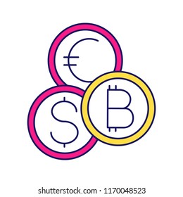Currency exchange color icon. Cryptocurrency. Bitcoin, US dollar and euro exchange. Blockchain. Isolated vector illustration