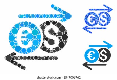 Currency exchange composition of circle elements in various sizes and color tinges, based on currency exchange icon. Vector filled circles are united into blue composition.